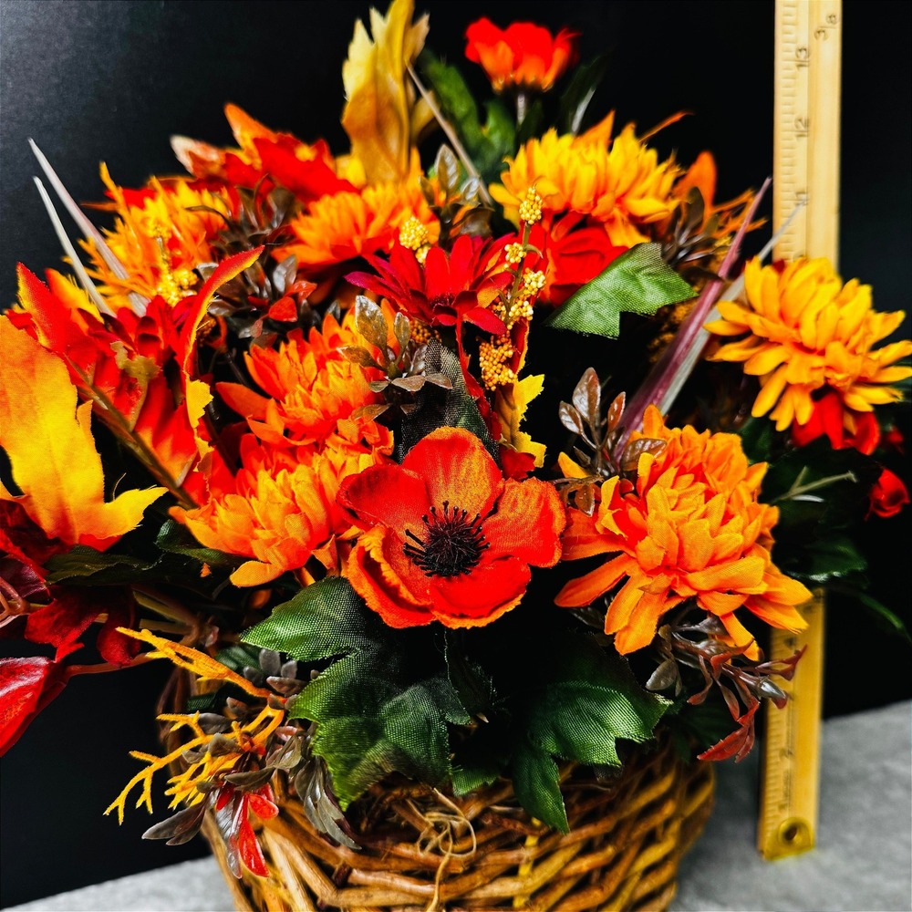 Fall Floral Arrangement Woven Twig Wall Basket Autumn Flowers Leaves Cottagecore - Picture 8 of 8